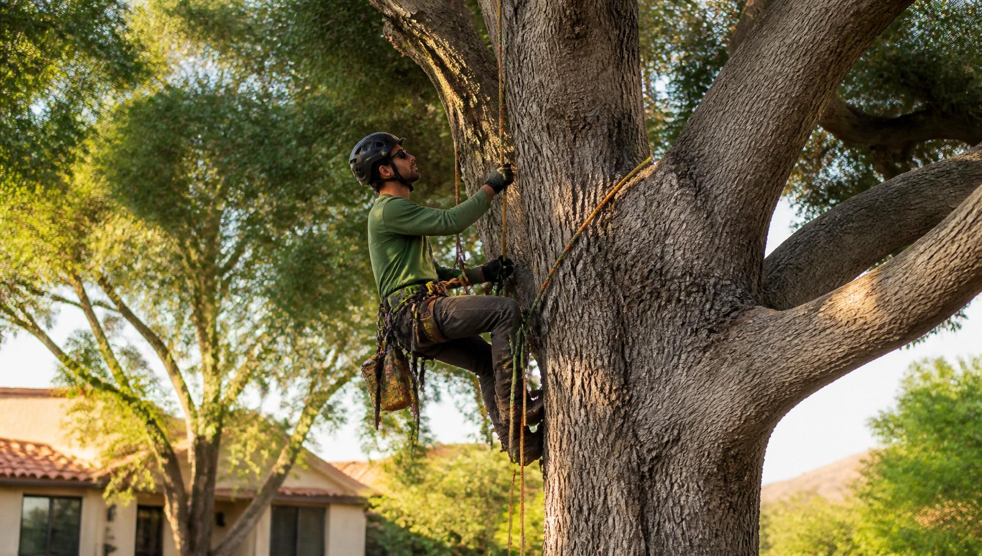 Certified arborist climbing a large oak tree in Thousand Oaks
